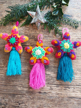 Baumschmuck (Stern, türkis-pink-sonnengelb), Anhänger, Weihnachtsbaumdeko, Geschenk Adventskalender, bestickter Anhänger aus Mexiko