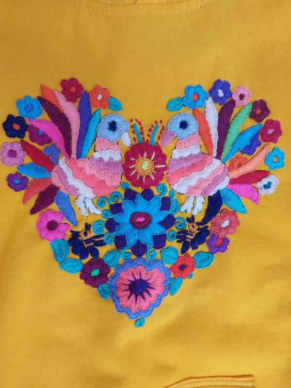 Hoodie Kaputzenpullover oversize (gelb) mit Vögel Stickerei Blumen aus Mexiko, Yoga, Meditation, Wandern, Lounge Outfit