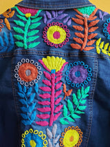 Mexikanische Jeansjacke, Übergangsjacke, Frühlingsjacke, Jeansoutfit, mexiko, Stickerei, Blumenmuster, vintage, ausgefallen Rücken bestickt, Frida Kahlo Stil