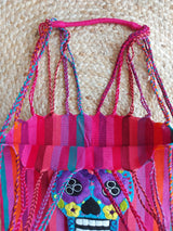Tragetasche, Markttasche, Einkaufstasche, Stofftasche, Textiltasche, Baumwolle, bestickt, Kunsthandwerk, mexikanisch, Mexiko, geflochten, gewebt, Streifen, Skull, bunt, Schädel, Totenkopf,  dia de muertos, Catrina, Dia de muertos, Tag der Toten, Halloween
