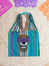 Tragetasche, Markttasche, Einkaufstasche, Stofftasche, Textiltasche, Baumwolle, bestickt, Kunsthandwerk, mexikanisch, Mexiko, geflochten, gewebt, Streifen, Skull, bunt, Schädel, Totenkopf,  dia de muertos, Catrina, Dia de muertos, Tag der Toten, Halloween