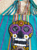 Tragetasche, Markttasche, Einkaufstasche, Stofftasche, Textiltasche, Baumwolle, bestickt, Kunsthandwerk, mexikanisch, Mexiko, geflochten, gewebt, Streifen, Skull, bunt, Schädel, Totenkopf,  dia de muertos, Catrina, Dia de muertos, Tag der Toten, Halloween