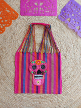 Tragetasche, Markttasche, Einkaufstasche, Stofftasche, Textiltasche, Baumwolle, bestickt, Kunsthandwerk, mexikanisch, Mexiko, geflochten, gewebt, Streifen, Skull, bunt, Schädel, Totenkopf,  dia de muertos, Catrina, Dia de muertos, Tag der Toten, Halloween