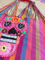 Tragetasche, Markttasche, Einkaufstasche, Stofftasche, Textiltasche, Baumwolle, bestickt, Kunsthandwerk, mexikanisch, Mexiko, geflochten, gewebt, Streifen, Skull, bunt, Schädel, Totenkopf,  dia de muertos, Catrina, Dia de muertos, Tag der Toten, Halloween