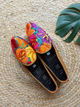 Größe 39 Ballerina Echtleder Loafer Schuhe flach braun (gelb, orange, lila) mit Blumenstickerei aus Mexiko