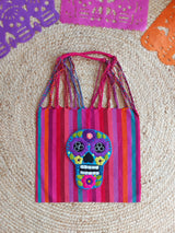 Tragetasche, Markttasche, Einkaufstasche, Stofftasche, Textiltasche, Baumwolle, bestickt, Kunsthandwerk, mexikanisch, Mexiko, geflochten, gewebt, Streifen, Skull, bunt, Schädel, Totenkopf,  dia de muertos, Catrina, Dia de muertos, Tag der Toten, Halloween