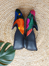 Ballerina, Moccasin, Flache Damenschuhe, Leder, schwarz, Blumenstickerei, bestickt, Blumen, Sommerschuhe, geschlossen, elegant, Loafer, flach, Absatz klein, mexikanisch, ausgefallenes Design, Mexiko, Frida Kahlo
