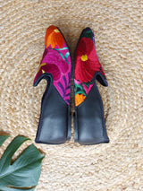 Größe 39 Lederschuh flach schwarz (rot, lila, orange) mit Blumenstickerei aus Mexiko