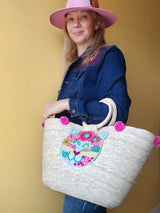 Palmentasche Mexiko Blumenstickerei, bunte Strohtasche mit Bommeln, handgemachte mexikanische Mandala Tasche, bestickte Palmentasche, farbenfrohe, Beachtasche, Einkaufstasche, Shopper, Handtasche, Palm leaf bag Mexico floral embroidery, straw bag with mandala design, colorful tassel handbag, handmade embroidered tote, purse with pom poms, beachbag, handbag, Sommertasche, Markttasche, Katzenmotiv, Katzenfigur, Katze, pink, rosa
