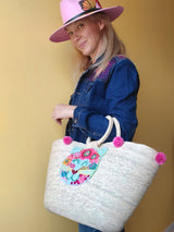 Palmentasche Mexiko Blumenstickerei, bunte Strohtasche mit Bommeln, handgemachte mexikanische Mandala Tasche, bestickte Palmentasche, farbenfrohe, Beachtasche, Einkaufstasche, Shopper, Handtasche, Palm leaf bag Mexico floral embroidery, straw bag with mandala design, colorful tassel handbag, handmade embroidered tote, purse with pom poms, beachbag, handbag, Sommertasche, Markttasche, Katzenmotiv, Katzenfigur, Katze, pink, rosa