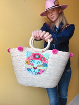 Palmentasche Mexiko Blumenstickerei, bunte Strohtasche mit Bommeln, handgemachte mexikanische Mandala Tasche, bestickte Palmentasche, farbenfrohe, Beachtasche, Einkaufstasche, Shopper, Handtasche, Palm leaf bag Mexico floral embroidery, straw bag with mandala design, colorful tassel handbag, handmade embroidered tote, purse with pom poms, beachbag, handbag, Sommertasche, Markttasche, Katzenmotiv, Katzenfigur, Katze, pink, rosa