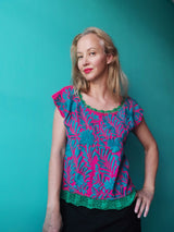 Oaxaca Bluse (türkis-pink) mit Blumenstickerei, Kurzärmel, Sommer-Top, aus Mexiko