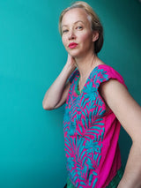 Oaxaca Bluse (türkis-pink) mit Blumenstickerei, Kurzärmel, Sommer-Top, aus Mexiko