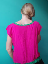 Oaxaca Bluse (türkis-pink) mit Blumenstickerei, Kurzärmel, Sommer-Top, aus Mexiko