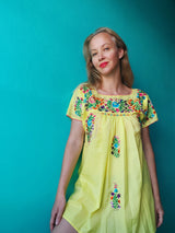 Oaxaca Bluse San Antonino (gelb) mit feinen Blumenstickerei, Tunika, Sommer-Top, Mexiko