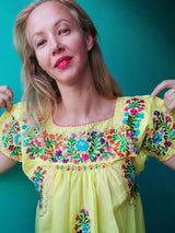 Oaxaca Bluse San Antonino (gelb) mit feinen Blumenstickerei, Tunika, Sommer-Top, Mexiko