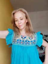 Bohochic summer top, blouse (turquoise) with flounce short sleeves, embroidered from Mexico
