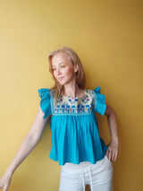 Bohochic summer top, blouse (turquoise) with flounce short sleeves, embroidered from Mexico