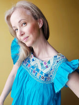 Bohochic summer top, blouse (turquoise) with flounce short sleeves, embroidered from Mexico