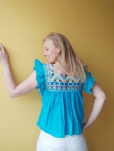 Bohochic summer top, blouse (turquoise) with flounce short sleeves, embroidered from Mexico