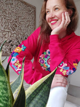 Damen Hoodie Pullover, Jacke, Sommer, leicht, Blumenmuster, bunt, mit Stickerei, bestickt, rot, Mandala, aus Mexiko, Kunsthandwerk, online Shop Mexikanische Kleidung, Sweatshirt, Kaputzenpullover, floral, Blumenmuster