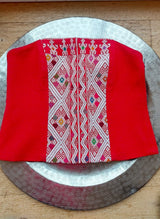 Corsage, corsett, Corsageoberteil, Corsagetop, rot, Hochzeitskleid mexikanisch, Mexiko, handgewebt, Maya Muster, geometrisch, Kunsthandwerk, Kostüm, Dirndl, Mittelaltermode, Schnürung hinten, mit Reissverschluss, fair trade