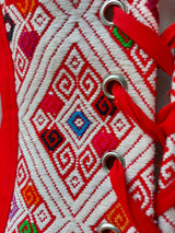 Corsage, corsett, Corsageoberteil, Corsagetop, rot, Hochzeitskleid mexikanisch, Mexiko, handgewebt, Maya Muster, geometrisch, Kunsthandwerk, Kostüm, Dirndl, Mittelaltermode, Schnürung hinten, mit Reissverschluss, fair trade