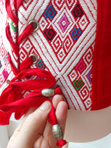 Corsage, corsett, Corsageoberteil, Corsagetop, rot, Hochzeitskleid mexikanisch, Mexiko, handgewebt, Maya Muster, geometrisch, Kunsthandwerk, Kostüm, Dirndl, Mittelaltermode, Schnürung hinten, mit Reissverschluss, fair trade