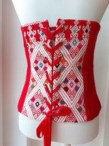 Corsage, corsett, Corsageoberteil, Corsagetop, rot, Hochzeitskleid mexikanisch, Mexiko, handgewebt, Maya Muster, geometrisch, Kunsthandwerk, Kostüm, Dirndl, Mittelaltermode, Schnürung hinten, mit Reissverschluss, fair trade
