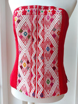 Corsage, corsett, Corsageoberteil, Corsagetop, rot, Hochzeitskleid mexikanisch, Mexiko, handgewebt, Maya Muster, geometrisch, Kunsthandwerk, Kostüm, Dirndl, Mittelaltermode, Schnürung hinten, mit Reissverschluss, fair trade
