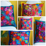 Mexikanische Kissen, Kissenbezug Mexiko, Kissen Mexican style, Kissenhülle mexikanisch, Kissenbezüge bestickt, Kissenbezüge Blumenmuster, gelb, bunte Kissen, Bunte Kissenbezüge kaufen, 40 x 40 cm, 50 x 50 cm, Einrichtung, Home Dekor, Heimtextilien, Kunsthandwerk, Chiapas, fair,