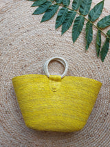 Mexikanische Einkaufstasche aus Naturmaterial Palmenblatt Strohtasche bunt mexikanisch handgefertigt Kunsthandwerker Chiapas gestreift Streifen Markttasche Einkaufstasche Shopper Strandkorb Beachtasche mexican beachbag strawbag gelb yellow