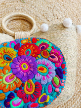 Mandala blau türkis beige Strohtasche mit weissem Bommel Beachtasche aus Mexiko natur beige bunt geflochten Handgefertigt Shopper Tote bag mexican straw palmleaves tassel pom pom Bommel