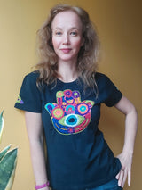 Handbesticktes T-Shirt dunkelblau mit Blumenstickerei aus Mexiko, Mexikanische Stickerei Shirt, Handarbeit, Besticktes Baumwoll-T-Shirt, Ethno Boho Stil, Mexikanische Mode, Bunt besticktes Damen T-Shirt, Handgesticktes T-Shirt aus Mexiko, mexikanisches Blumenstickerei T-Shirt, Ethno Shirt Stickerei, Handarbeit aus Mexiko, Hippie Boho besticktes T-Shirt –embroidered T-shirt, floral pattern, Mexican fashion, handmade T-shirt, fair trade clothing