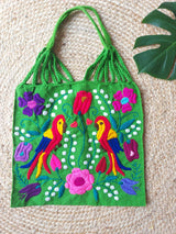 Shopper Strandtasche, Einkaufstasche, Markttasche, Beachtasche Beachbag Schultertasche grün Vögel Tiere jungle bestickt aus Mexiko embroidery mexican grün green, Kunsthandwerk, Handarbeit aus Mexiko, Chiapas
