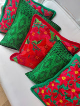 Kissenbezug aus Mexiko, Kissenhülle grün mit geometrischen Mustern, Kissenbezug ethno, Kissenhülle boho chic, Kissenhülle hippie mexikanich, Kissenhülle handbestickt, Handarbeit aus Mexiko