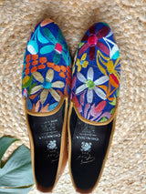 Größe 39 Ballerina Echtleder Loafer Schuhe flach braun (bunte kleine Blumen) mit Stickerei aus Mexiko