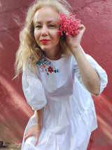 Mexikanisches Kleid weiss, Sommer, Tunika, Mode, bestickt, lang, volant, Blumenstickerei, boho, A-Form, ethno, boho, gypsie, mexican clothing, fashion, dress, white, embroidery