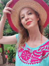 Mexikanische Bluse aus Oaxaca, handbestickt, bunt, farbenfroh, türkis, pink, Mode, Mexican, fashion, clothing, online shop european, textile, Stoffe, boho, Kurzarm, XL, XXL, mexicain