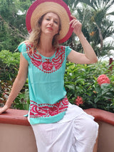 Mexikanische Bluse aus Oaxaca, handbestickt, bunt, farbenfroh, türkis, pink, Mode, Mexican, fashion, clothing, online shop european, textile, Stoffe, boho, Kurzarm, XL, XXL, mexicain