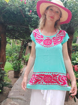 Mexikanische Bluse aus Oaxaca, handbestickt, bunt, farbenfroh, türkis, pink, Mode, Mexican, fashion, clothing, online shop european, textile, Stoffe, boho, Kurzarm, XL, XXL, mexicain
