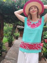 Mexikanische Bluse aus Oaxaca, handbestickt, bunt, farbenfroh, türkis, pink, Mode, Mexican, fashion, clothing, online shop european, textile, Stoffe, boho, Kurzarm, XL, XXL, mexicain