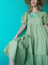 Kleid, Tunika, Sommerkleid, Beach, Urlaub, Mexican dress, long, a-form, bestickt, grün, khaki, Blumenmuster, Blumenstickerei, Flowers, embroidery, mexicain, boho, ethno, Chiapas, Kunsthandwerk