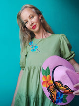 Mexikanisches Kleid, Tunika, Sommerkleid, Beach, Urlaub, Mexican dress, long, a-form, bestickt, grün, khaki, Blumenmuster, Blumenstickerei, Flowers, embroidery, mexicain, boho, ethno, Chiapas, Kunsthandwerk