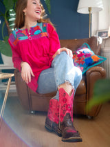 Stiefel, Western, Reitstiefel, Cowboystiefel, Winterstiefel, pink, Blumen, Stickerei, Mexiko, mexikanisch, ausgefallen, funky, Frida, brown, rutschfeste Sohle, mexique, boutique, vetement, boots mexican pink, rosa, flower embroidery, brodee, Übergröße, Sondergröße