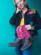 Stiefel, Western, Reitstiefel, Cowboystiefel, Winterstiefel, pink, Blumen, Stickerei, Mexiko, mexikanisch, ausgefallen, funky, Frida, brown, rutschfeste Sohle, mexique, boutique, vetement, boots mexican pink, rosa, flower embroidery, brodee, Größe 43, 44, 45, Übergröße, Sondergröße