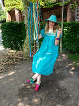 mexikanische Boho Tunika, mexikanisches Kleid, Kleid lang, bestickt, Blumenstickerei, Sommermode aus Mexiko, Handwerkskunst, Hippie/Folklor/Ethno Damenbluse, bunt, pink, türkis, für Strand, Urlaub, Beachparty, fair gehandelt, Gypsie, florales Design, Frida Kahlo Stil, Ibiza, handgenäht, fair trade, slow fashion