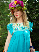 mexikanische Boho Tunika, mexikanisches Kleid, Kleid lang, bestickt, Blumenstickerei, Sommermode aus Mexiko, Handwerkskunst, Hippie/Folklor/Ethno Damenbluse, bunt, pink, türkis, für Strand, Urlaub, Beachparty, fair gehandelt, Gypsie, florales Design, Frida Kahlo Stil, Ibiza, handgenäht, fair trade, slow fashion