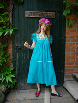 mexikanische Boho Tunika, mexikanisches Kleid, Kleid lang, bestickt, Blumenstickerei, Sommermode aus Mexiko, Handwerkskunst, Hippie/Folklor/Ethno Damenbluse, bunt, pink, türkis, für Strand, Urlaub, Beachparty, fair gehandelt, Gypsie, florales Design, Frida Kahlo Stil, Ibiza, handgenäht, fair trade, slow fashion