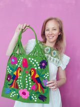 Shopper Beachtasche Beachbag Schultertasche grün Vögel Tiere jungle bestickt aus Mexiko embroidery mexican grün green, Einkaufstasche leicht, Textiltasche